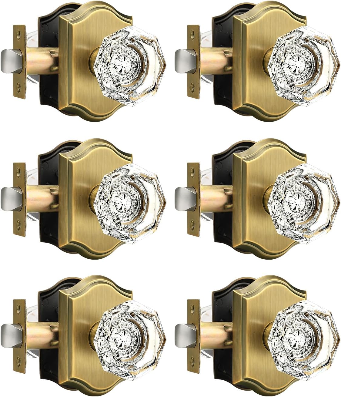 Gobrico Heavy Duty Crystal Glass Door Knobs 6 Pack,Passage Function for Interior Room,Keyless Snowflake Crystal Door Handles for Hall Closet Pantry,Antique Brass Finish