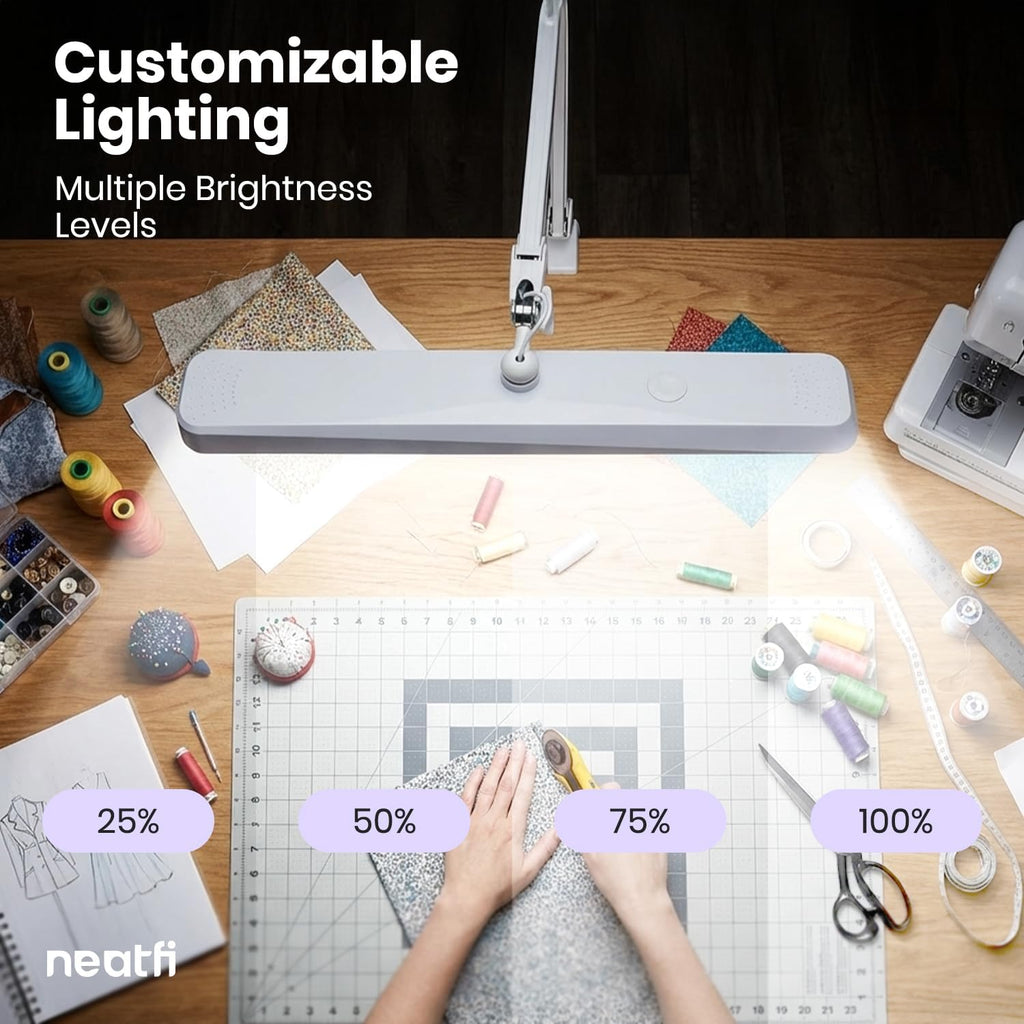 Neatfi XL 2,500 Lumens 30W LED Task Lamp for Manicure Table, Crafts, Workbench, Office - 22' Wide Shade Desk Light | Eye-Caring 6500K | 4-Level Brightnes (White, Non-CCT with Base)