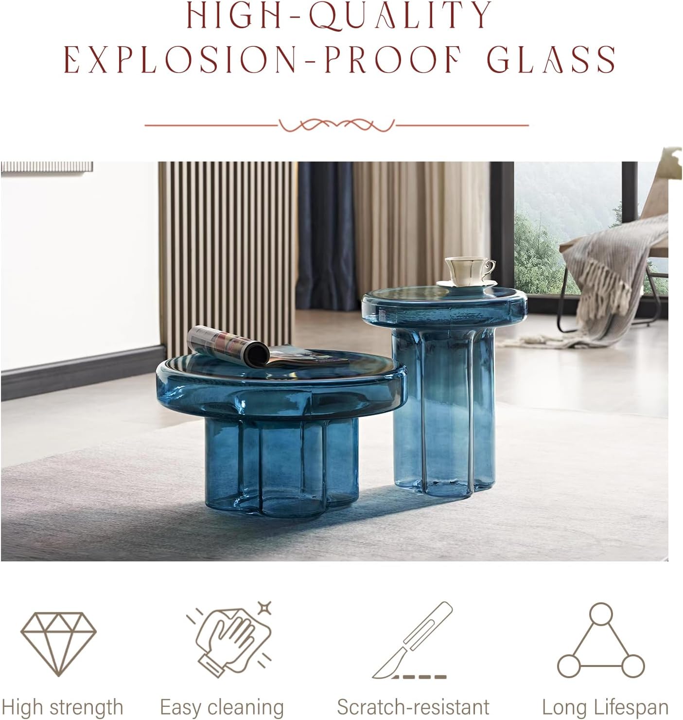 Coffee Table, Round Glass Side Table for Living Room, Modern Small End Table with Tempered Glass Top (Blue, 14.96in)