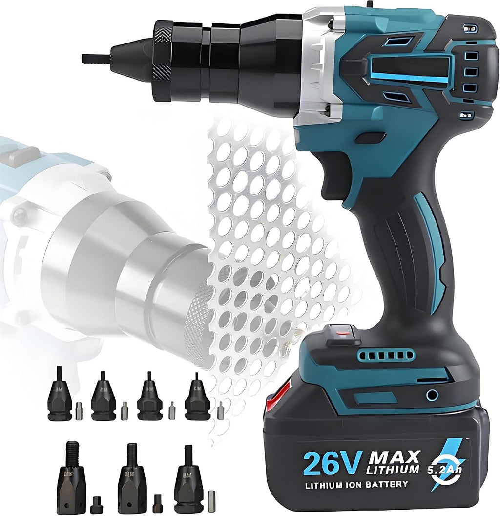 Cordless Rivet Nut Tool Set (M3 M4 M5 M6 M8 M10 M12), 5200mAh Battery Powered Pop Rivet Nut Insert Installation Tool, Electric Assembly Nutsert Kit(1x5200mah)
