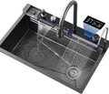 Stainless Steel Sink Black Kitchen Sink Digital Waterfall Faucet Single Bowl Sink with Cup Washer Knob Controlled Drainage (80x46x22cm