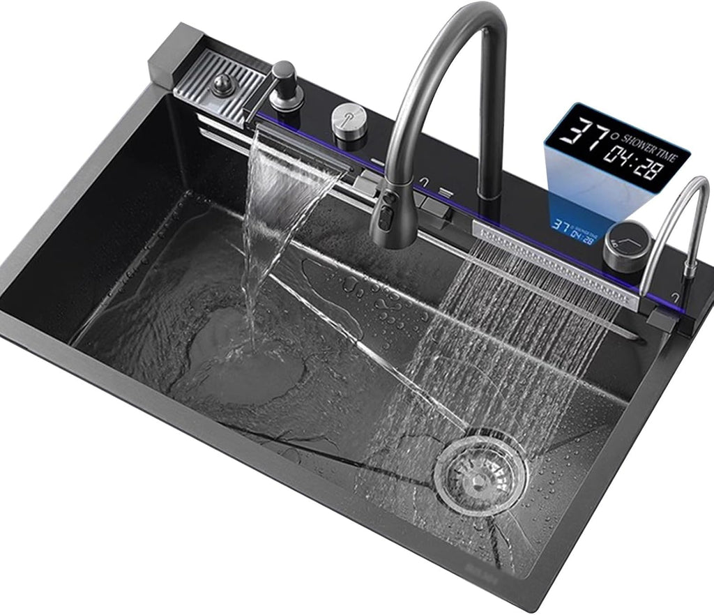 Stainless Steel Sink Black Kitchen Sink Digital Waterfall Faucet Single Bowl Sink with Cup Washer Knob Controlled Drainage (68x46x22cm
