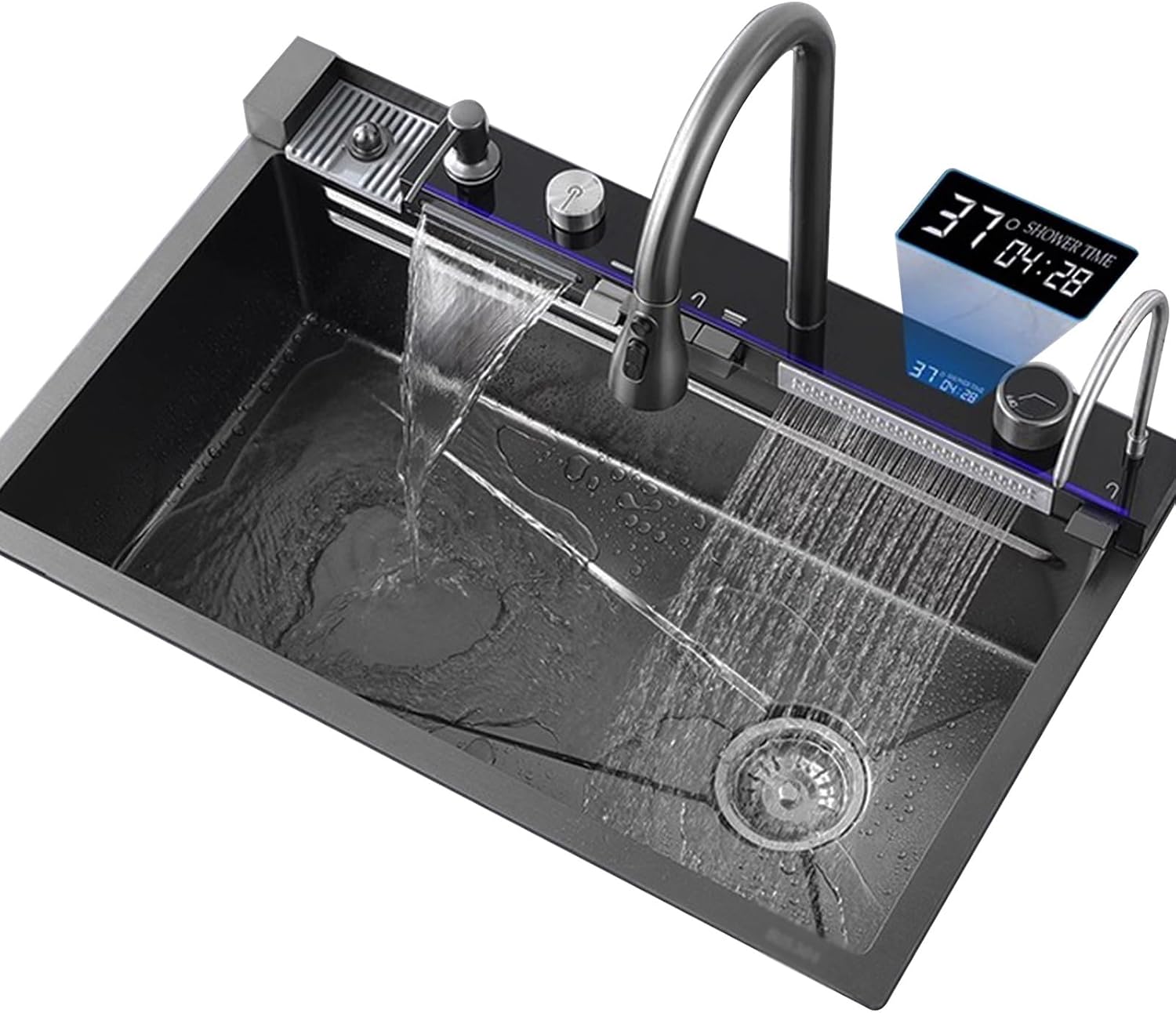 Stainless Steel Sink Black Kitchen Sink Digital Waterfall Faucet Single Bowl Sink with Cup Washer Knob Controlled Drainage (68x46x22cm