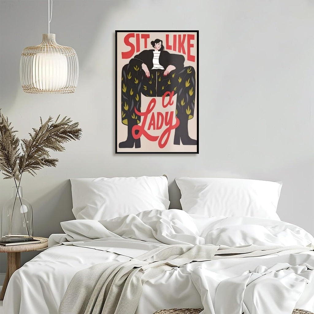 Retro Motivational Feminist Poster Trendy Sit Like a Lady Female Painting Abstract Girl Power Quote Womans Right Inspired Wall Decor for Girls Bedroom Dorm Office 24x36inch Black Aluminum Framed