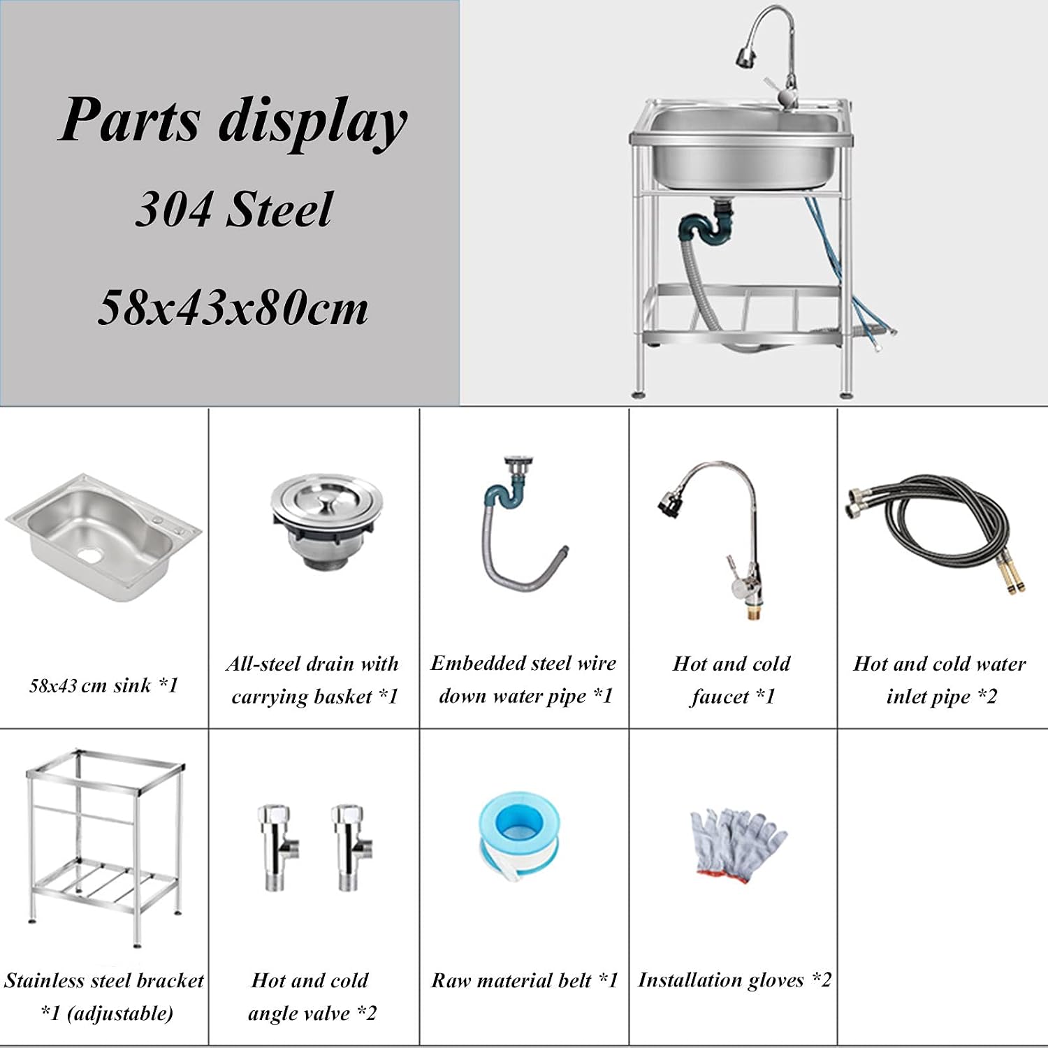 Commercial Stainless Steel Single Bowl Sink Freestanding Kitchen Sink with Faucet and Storage Shelves Restaurant Utility Sink Washing Hand Basin