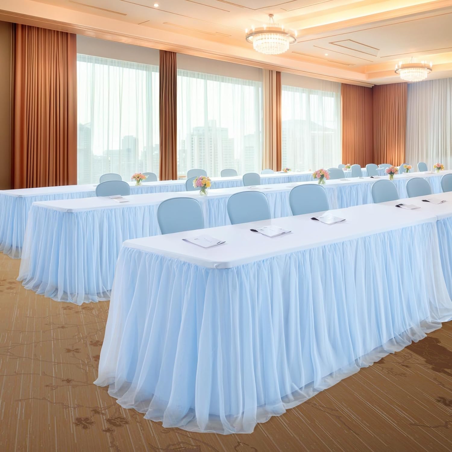 4 Pack Baby Blue Tulle Tablecloth Skirt for 8 Foot Rectangle Tables Baby Shower Tablecloths Blue Ruffle Tutu Table Skirt Stretch Fitted Table Covers for Wedding Birthday Party Banquet Reception