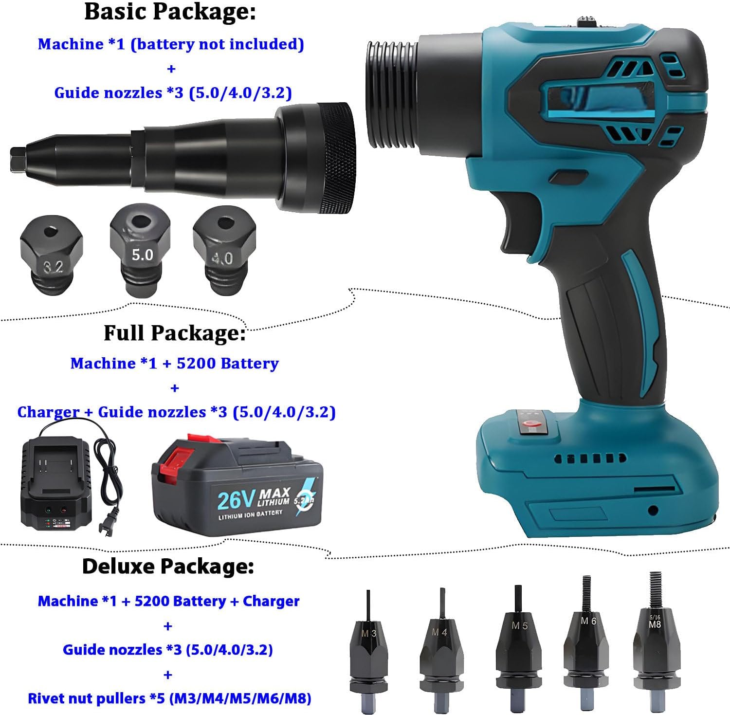 26V Cordless Electric Rivet Gun Brushless - Battery Powered Pop Rivet Tool Kit with Toolbox, 11000N Pulling Force, Fits 0.12-0.2in Rivets, Quiet Working for DIY, Mechanic Dual-useversion