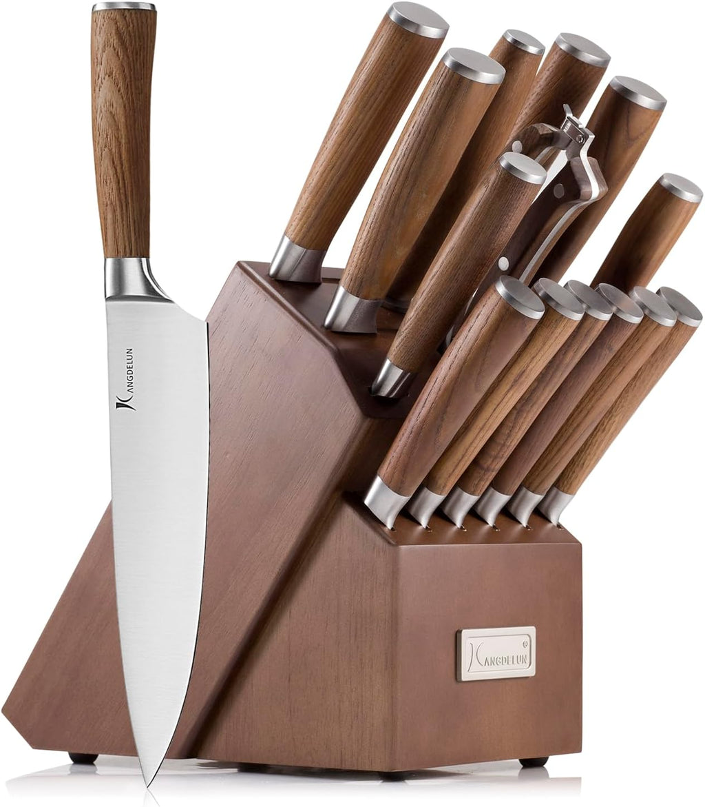 Kangdelun Ultra Sharp 15-Piece Knife Set, 50Cr15MoV High-Carbon Stainless Steel, Torrefied Brown Ash Wood Handles, Angled Dark Brown Wood Block, Easy Hand Wash, Gift Box