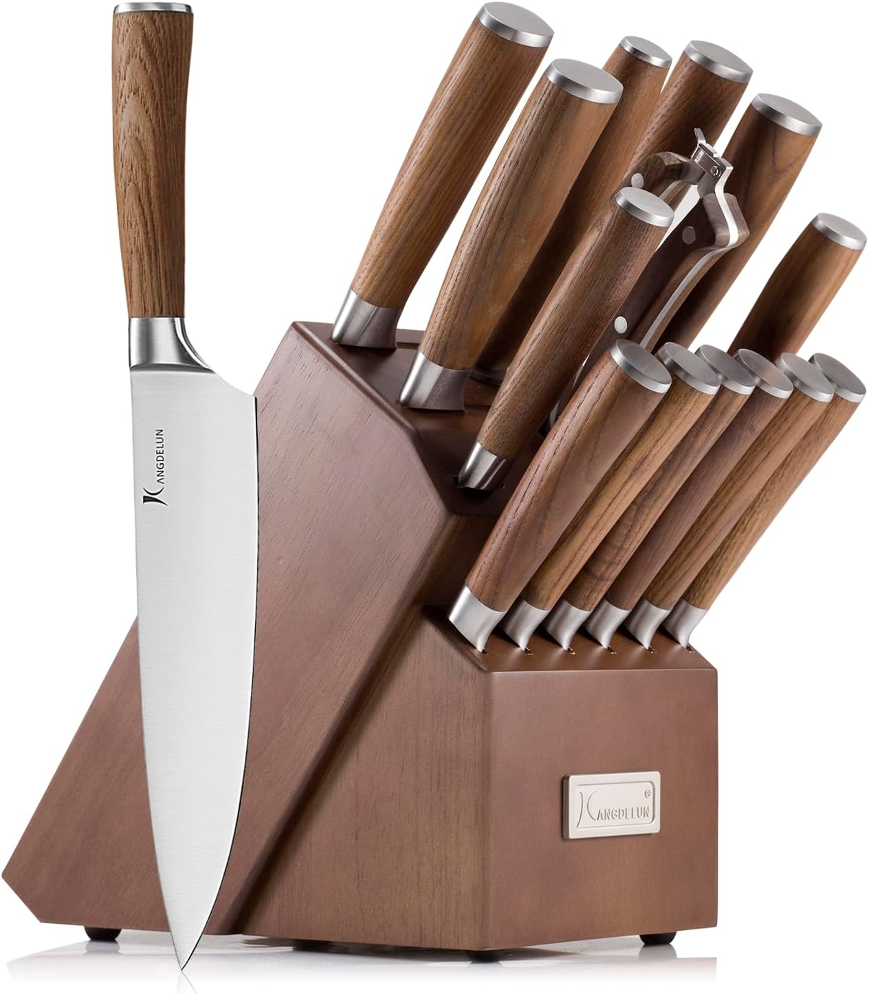 Kangdelun Ultra Sharp 15-Piece Knife Set, 50Cr15MoV High-Carbon Stainless Steel, Torrefied Brown Ash Wood Handles, Angled Dark Brown Wood Block, Easy Hand Wash, Gift Box