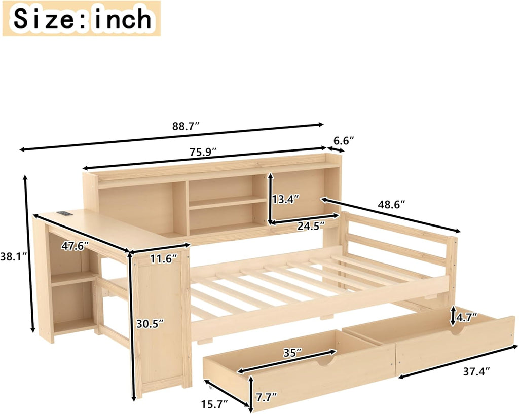 Bellemave Twin Corner Bed Frame with Desk and Storage Shelves,Charging Port, Wood Twin Size Daybed with Bookcase and Drawers, Natural Color