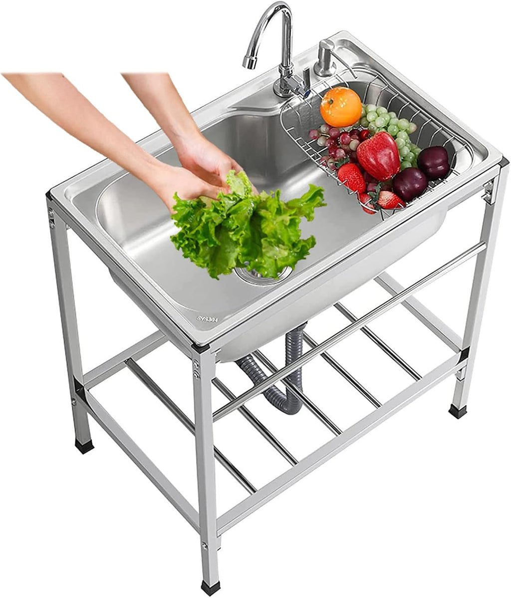 Freestanding Kitchen Sink Commercial 304 Stainless Steel Single Bowl Sink with Storage Shelves Restaurant Bar Sink Utility Washing Hand Basin 28x18.5x29.5inch