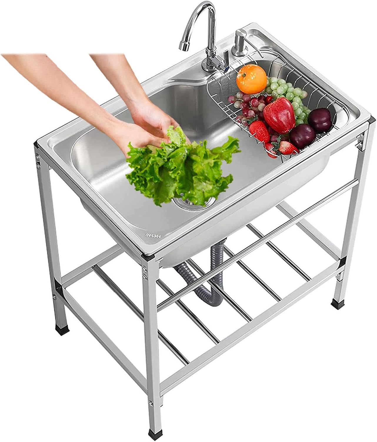 Freestanding Kitchen Sink Commercial 304 Stainless Steel Single Bowl Sink with Storage Shelves Restaurant Bar Sink Utility Washing Hand Basin 28x18.5x29.5inch