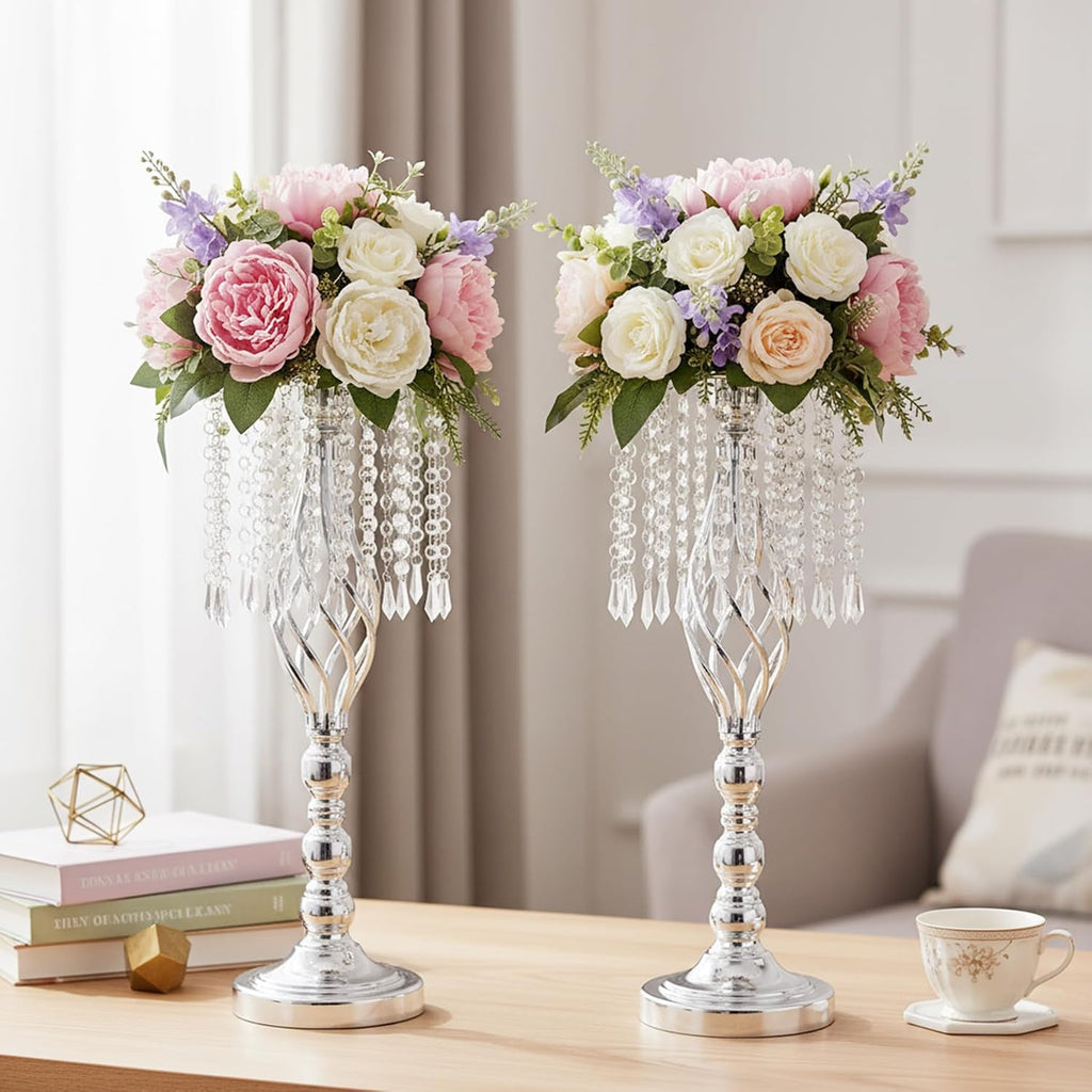 Metal Flower Stands with Crystal Beads - Wedding Centerpieces for Table Decorations, Elegant Metal Flower Arrangement Stands, Flower Vases for Wedding Party Celebration Home Decor (Silver-10pcs)