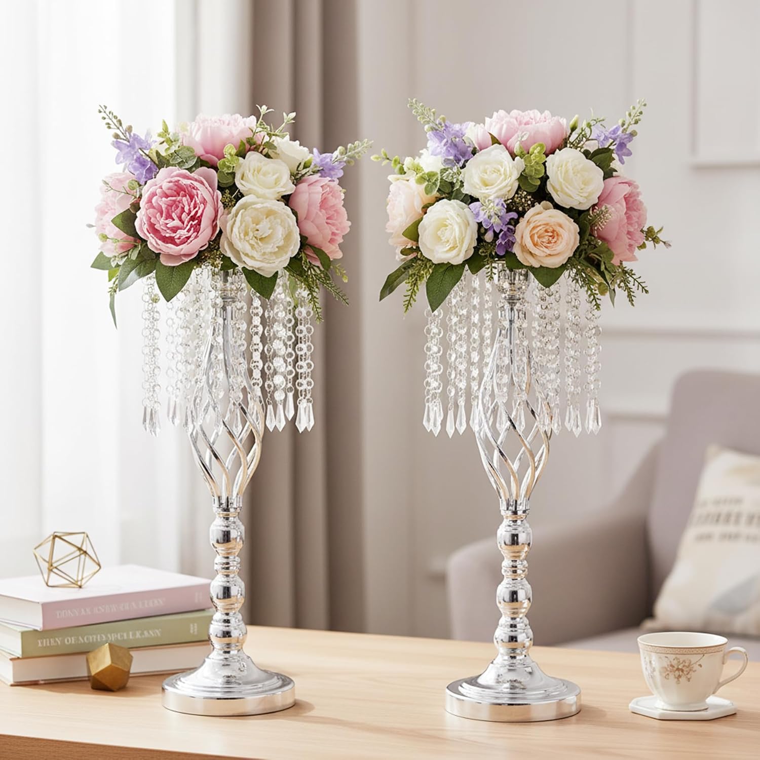 Metal Flower Stands with Crystal Beads - Wedding Centerpieces for Table Decorations, Elegant Metal Flower Arrangement Stands, Flower Vases for Wedding Party Celebration Home Decor (Silver-10pcs)