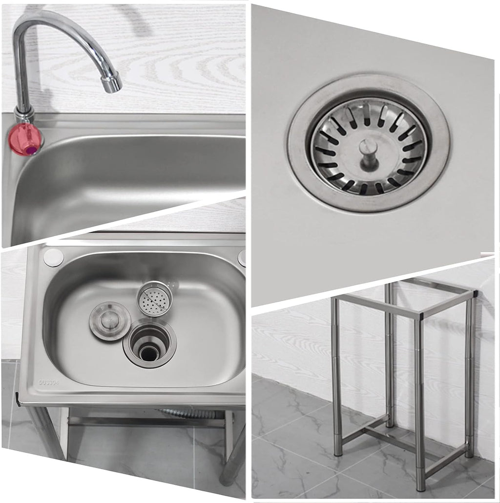 Movable Stainless Steel Utility Commercial Kitchen Single Bowl Sink 1 Compartment with Faucet, Free Standing Sink for Outdoor Indoor Garage Laundry Utility Room
