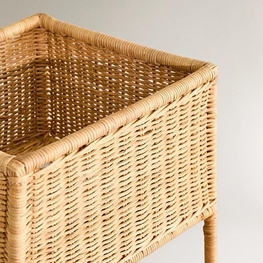 3 Tier Rattan Storage Rack, Hand-Woven Storage Shelves, Boho Basket Stand with Metal Frame, Rattan Corner Shelf for Living Room, Kitchen, Laundry, Bathroom