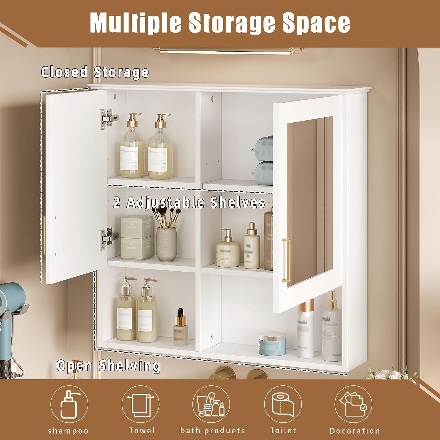 Merax 2-in-1 Bathroom Mirror Cabinet, 30 inch Wall Mounted Medicine Cabinet with Adjustable Shelves & Soft Close Doors, High-Define Mirror with Storage for Bathroom Vanity, White