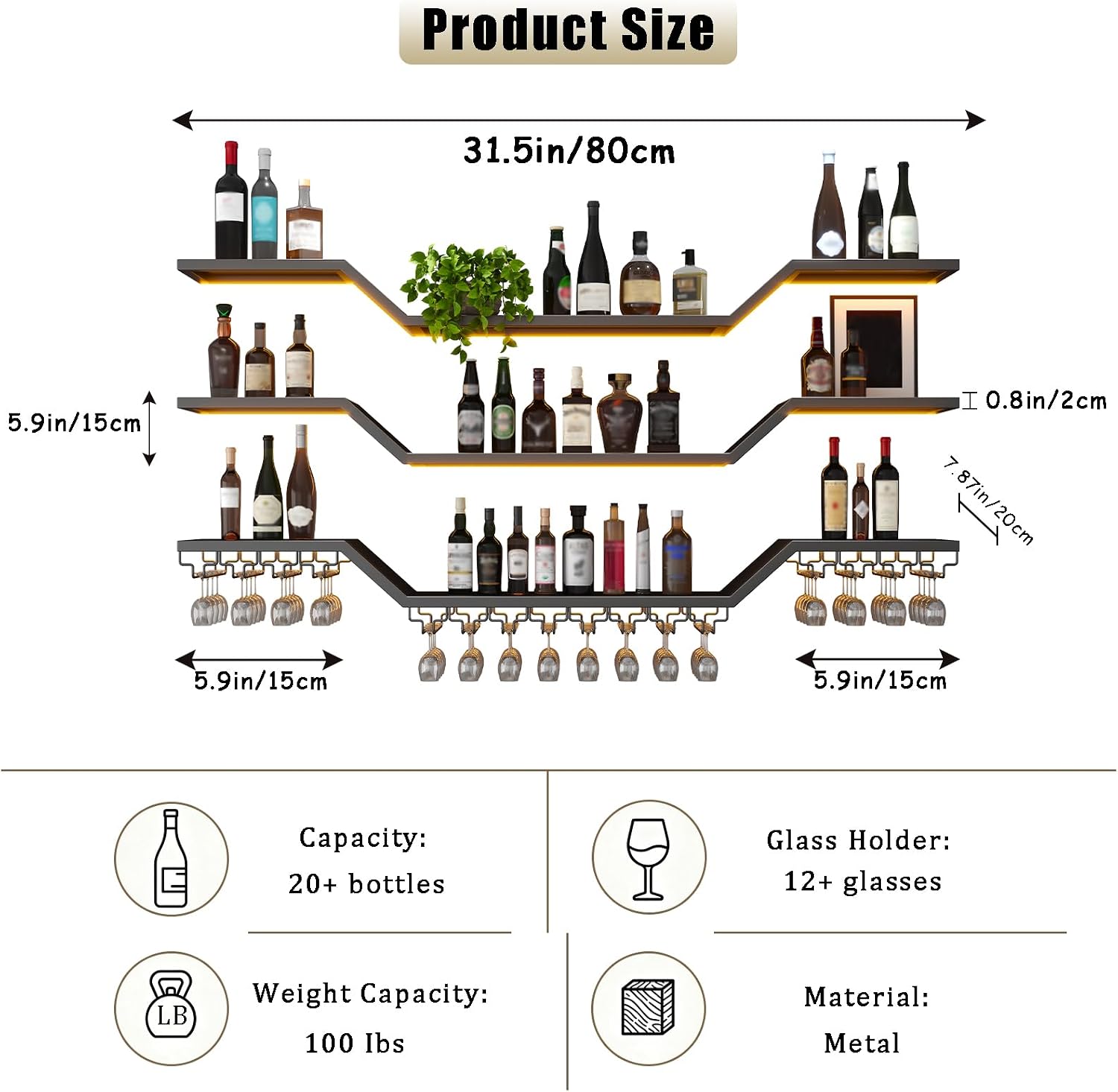 31.5in Modern LED Wine Rack Wall Mounted, 3-Tier Floating Bar Shelves with Wine Glass Rack, Large Hanging Liquor Shelf Wall Mounted, for Home Bar Dining Room Cafe Decorative (Black, 31.5in/80cm)