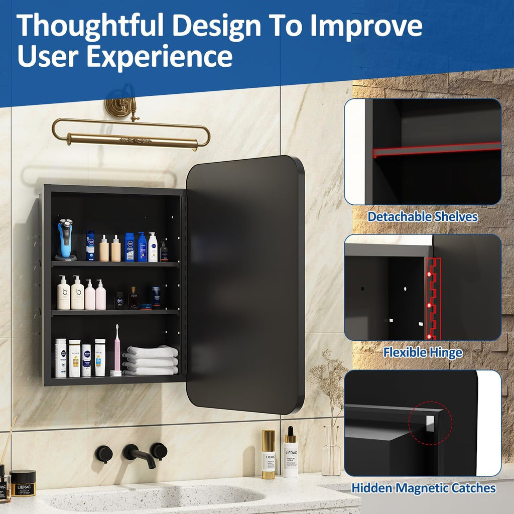 ACEMIRO 16x24 Inch Black Mirror Medicine Cabinet Metal Framed Recessed Wall Mounted Bathroom Medicine Cabinet with Mirror and Storage