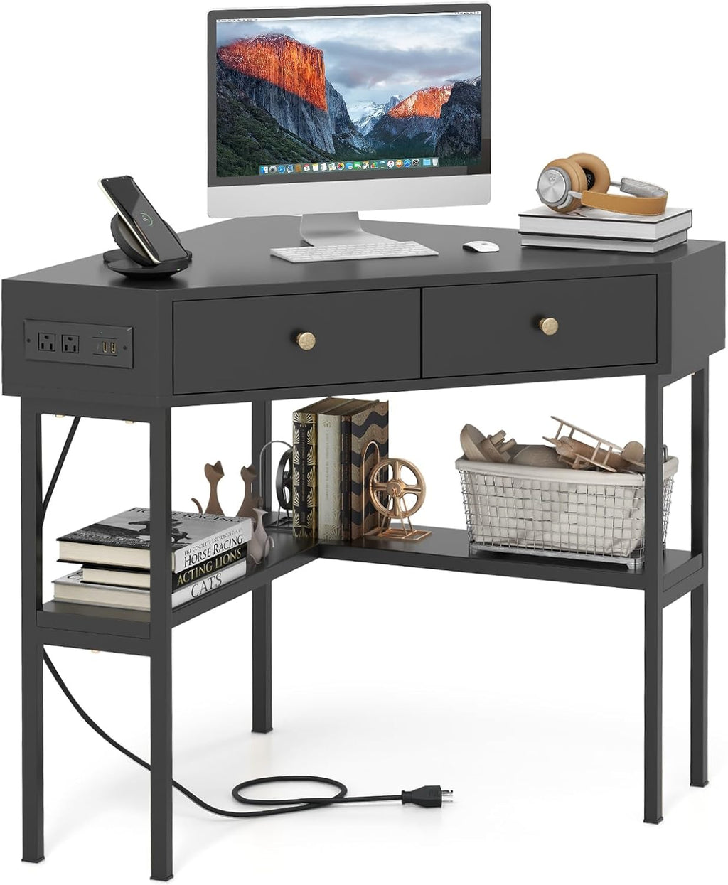 Tangkula Corner Desk with 2 Drawers & Built-in Charging Station, 90 Degrees Triangle Corner Computer Desk for Small Space, Bedroom Makeup Vanity Desk with Storage Shelves, Corner Desk (Black)