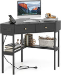 Tangkula Corner Desk with 2 Drawers & Built-in Charging Station, 90 Degrees Triangle Corner Computer Desk for Small Space, Bedroom Makeup Vanity Desk with Storage Shelves, Corner Desk (Black)