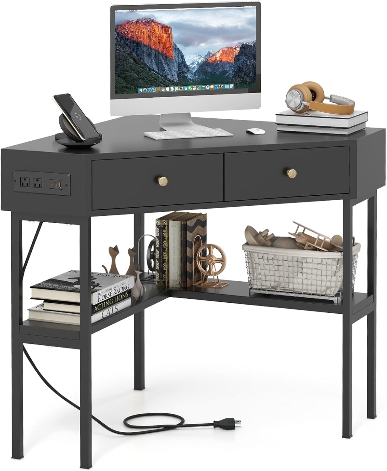 Tangkula Corner Desk with 2 Drawers & Built-in Charging Station, 90 Degrees Triangle Corner Computer Desk for Small Space, Bedroom Makeup Vanity Desk with Storage Shelves, Corner Desk (Black)