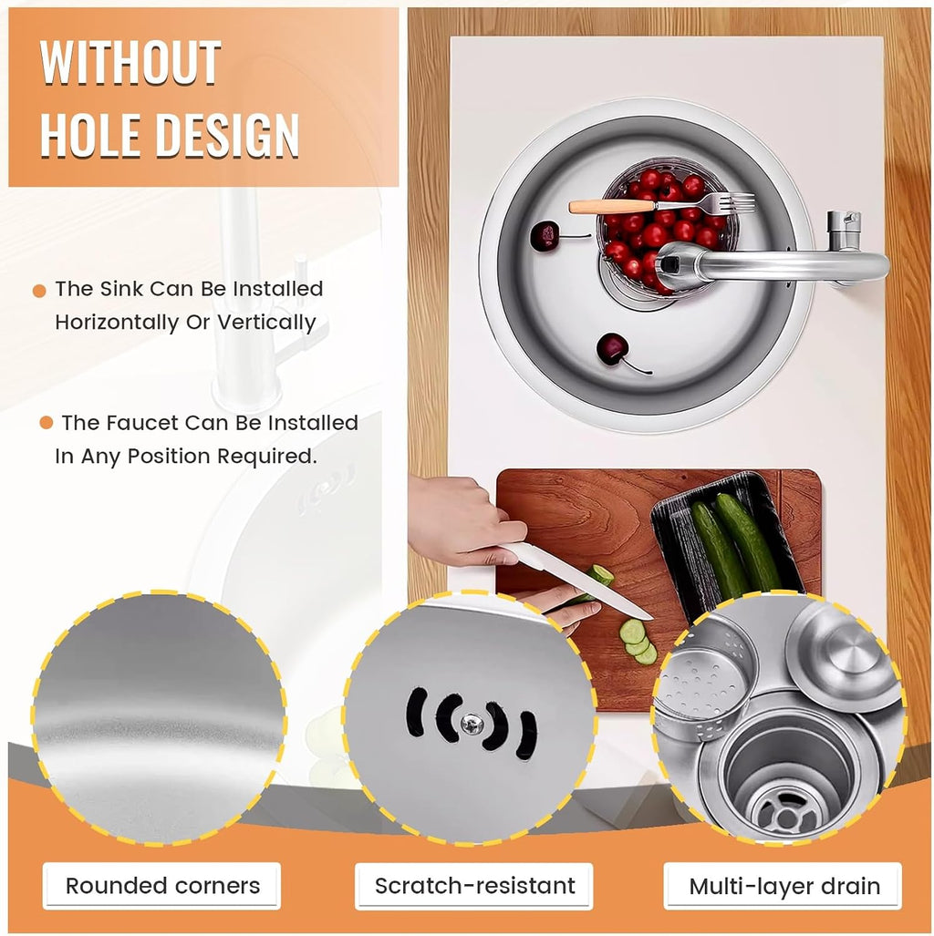 Stainless Steel Kitchen Sink, Single Bowl Sink With Drain Fittings & Overflow, Small Washing Basin, Round Pool For Utility Room, Kitchen, Bar, Pub, Drop In & Undermount(Silver,30cm)