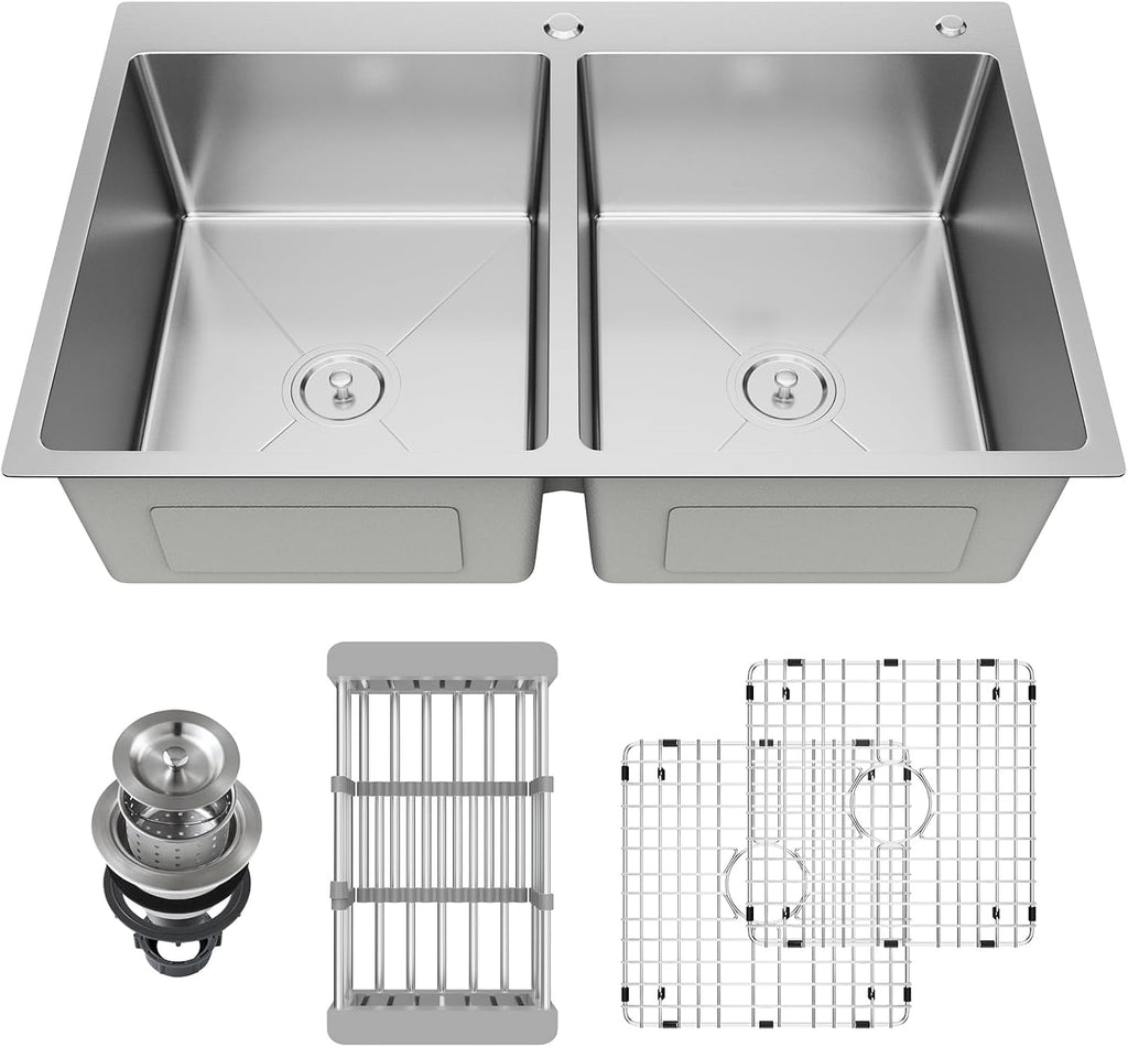 33' x 22' x 9' Drop-In Double Bowl Kitchen Sink, Topmount Stainless Steel with Satin Finish, Soundproofing & Protective Bottom Grid