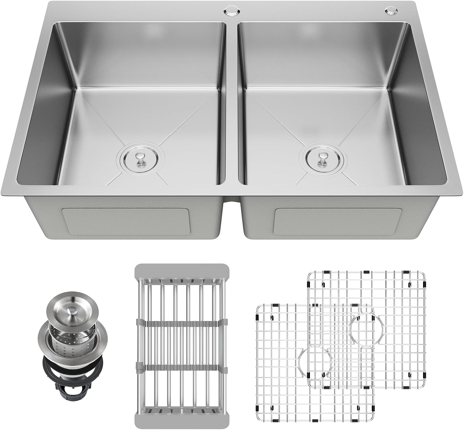 33' x 22' x 9' Drop-In Double Bowl Kitchen Sink, Topmount Stainless Steel with Satin Finish, Soundproofing & Protective Bottom Grid