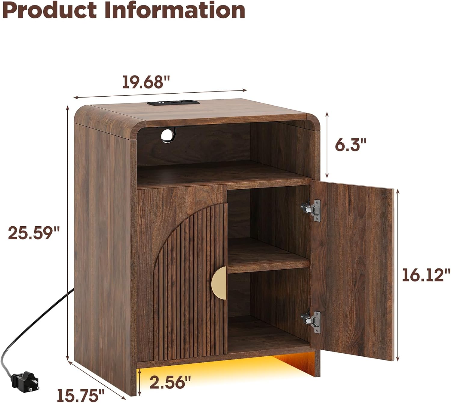 Nightstand with Charging Station and LED Lights, Night Stands with Adjustable Storage Cabinet, Modern Side Table with Fluted Doors and Open Storage, Bedside Table for Bedroom, Walnut
