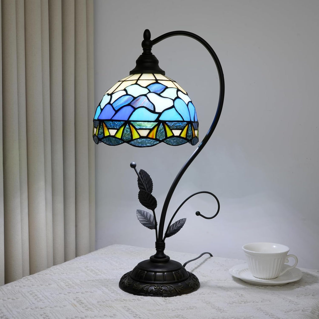 Blue Ocean Shell Style Tiffany Stained Glass Metal Leaf Base Table Lamp Retro Bedroom Bedlight Living Room Dining Room Home Decoration Desk Lamp