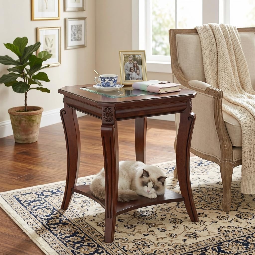 Square End Side Table with Tempered Glass Top, Farmhouse BesideTable with Storage Shelf, Living Room Table with Solid Wood Carved Legs, American Home Table,Easy Assembly,Cherry Brown CJZ-A1168-GT