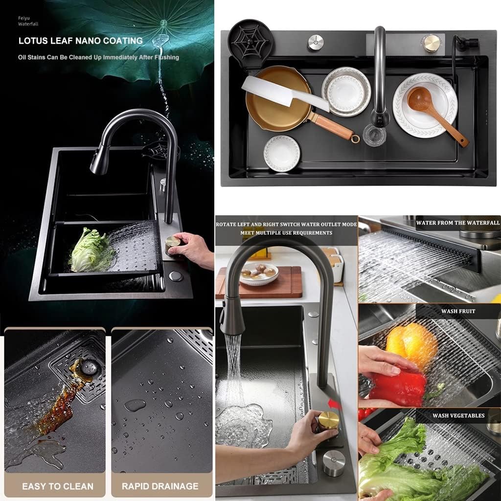 Single-Bowl Sink With Waterfall Pull-Down Faucet And Complete Accessory Set Versatile Stainless Steel Kitchen Workstation Sink (Color : Black, Size : 68x45x22cm) (Black 68x45x22cm)