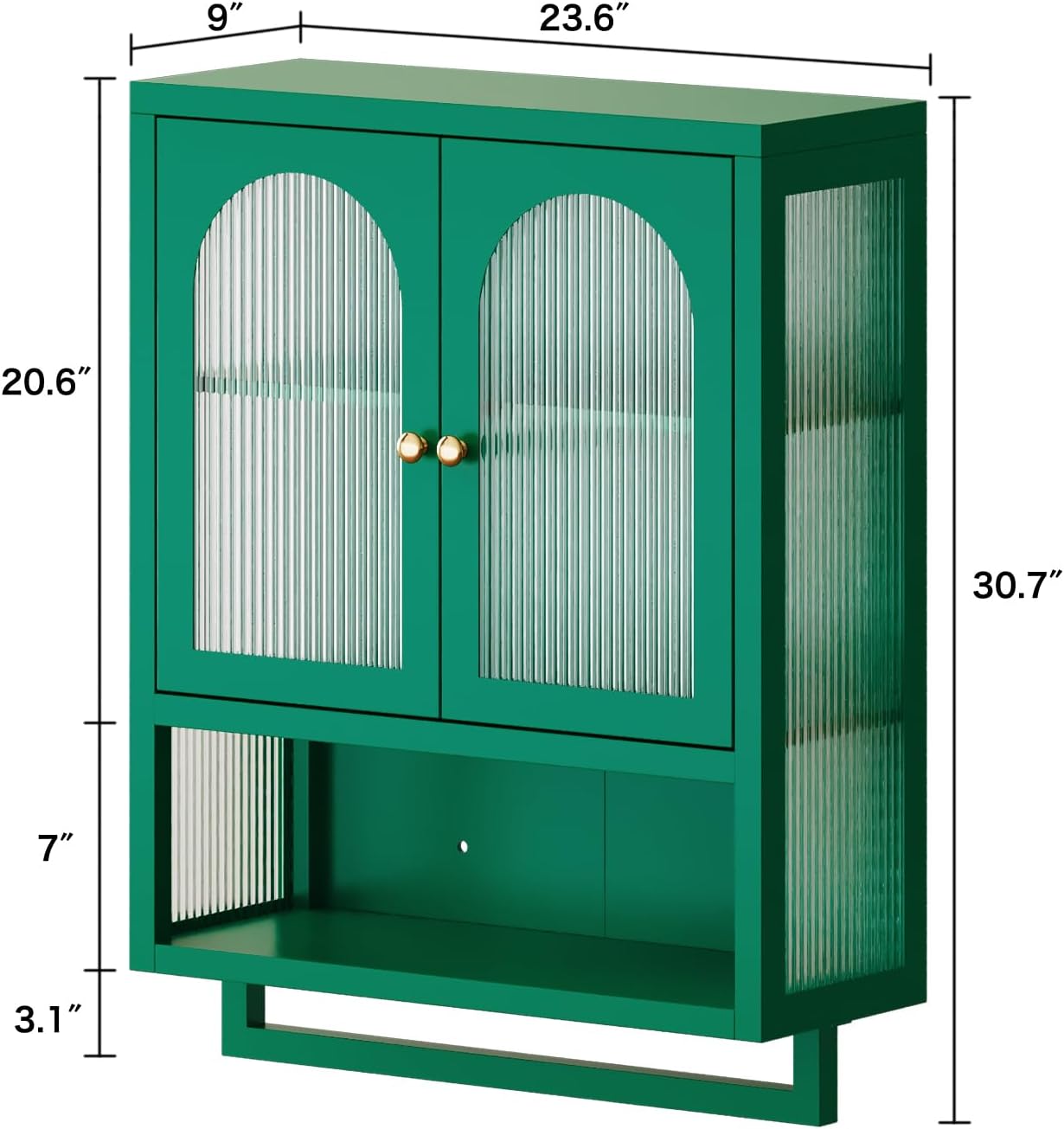 ALBAD Metal Bathroom Wall Cabinet with Fluted Glass Door and Towel Bar Wall-Mounted Medicine Cabinets Above the Toilet for Modern Bathroom, Kitchen, Garage, Laundry Room, Green