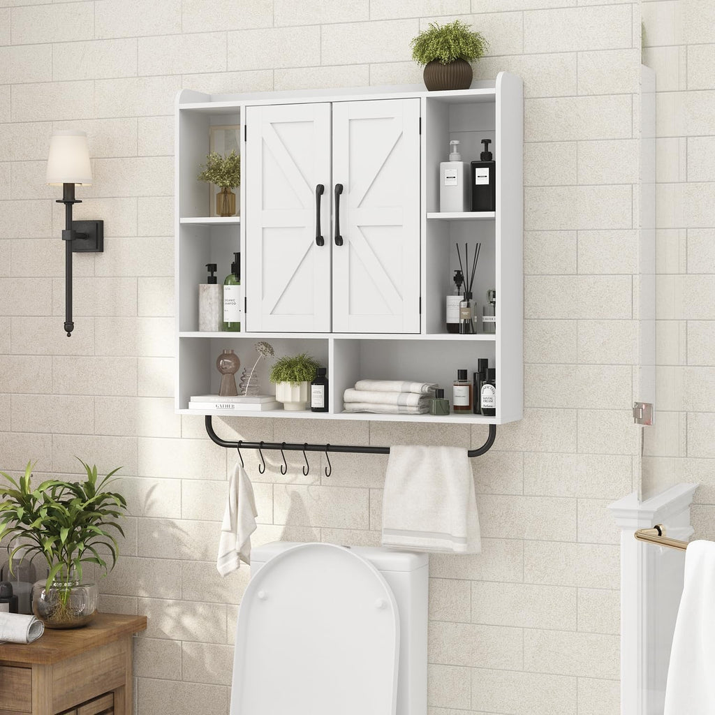 RUSTOWN Rustic Wood Wall Bathroom Cabinet, Farmhouse Medicine Cabinet Wall Mounted, Space Saving Wall Storage Cabinet with 2 Barn Door, 3-Tier Adjustable Shelves and Towel Bar (White)