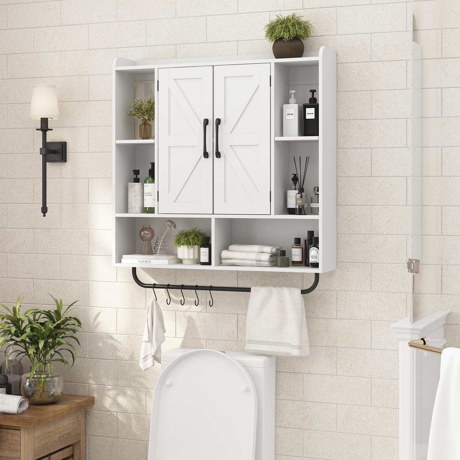 RUSTOWN Rustic Wood Wall Bathroom Cabinet, Farmhouse Medicine Cabinet Wall Mounted, Space Saving Wall Storage Cabinet with 2 Barn Door, 3-Tier Adjustable Shelves and Towel Bar (White)