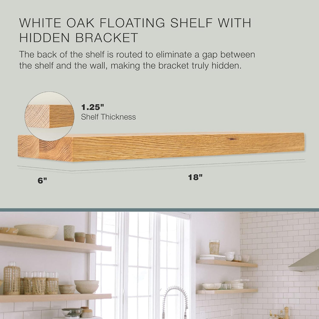 UltraShelf Solid Wood Floating Shelf for Wall Decor, White Oak, 18' Long x 6' Deep