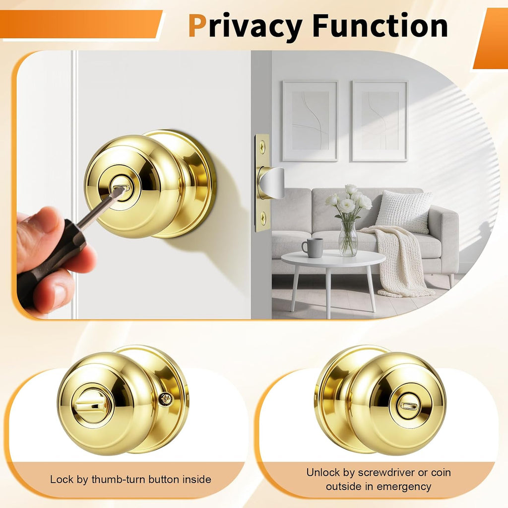 Probrico Polished Brass Door Knobs, Interior Door Knobs with Round Ball Knob, Nickel Privacy Door Knob for Bedroom Bathroom, 15 Pack