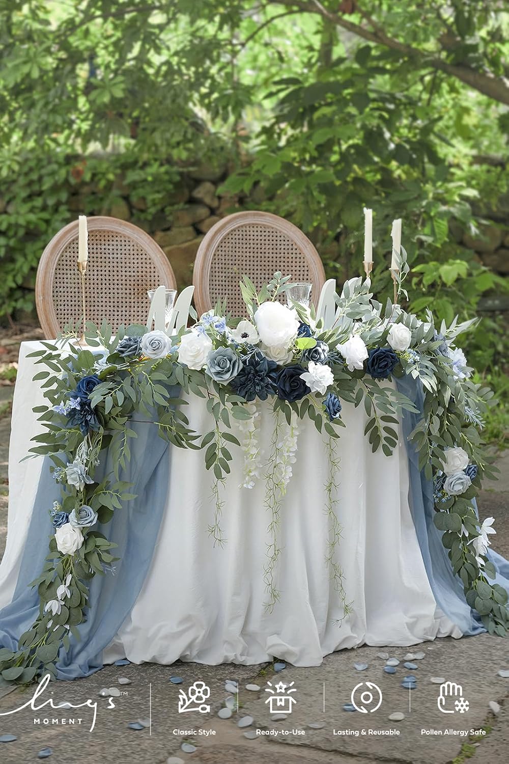 Ling's moment 9FT Spring Flower Garland- Wedding Arch Flowers for Backdrop Decoration, Eucalyptus & Rose, Artificial Floral Garland for Mantle - Sweetheart Head Table Decor for Reception, Dusty Blue