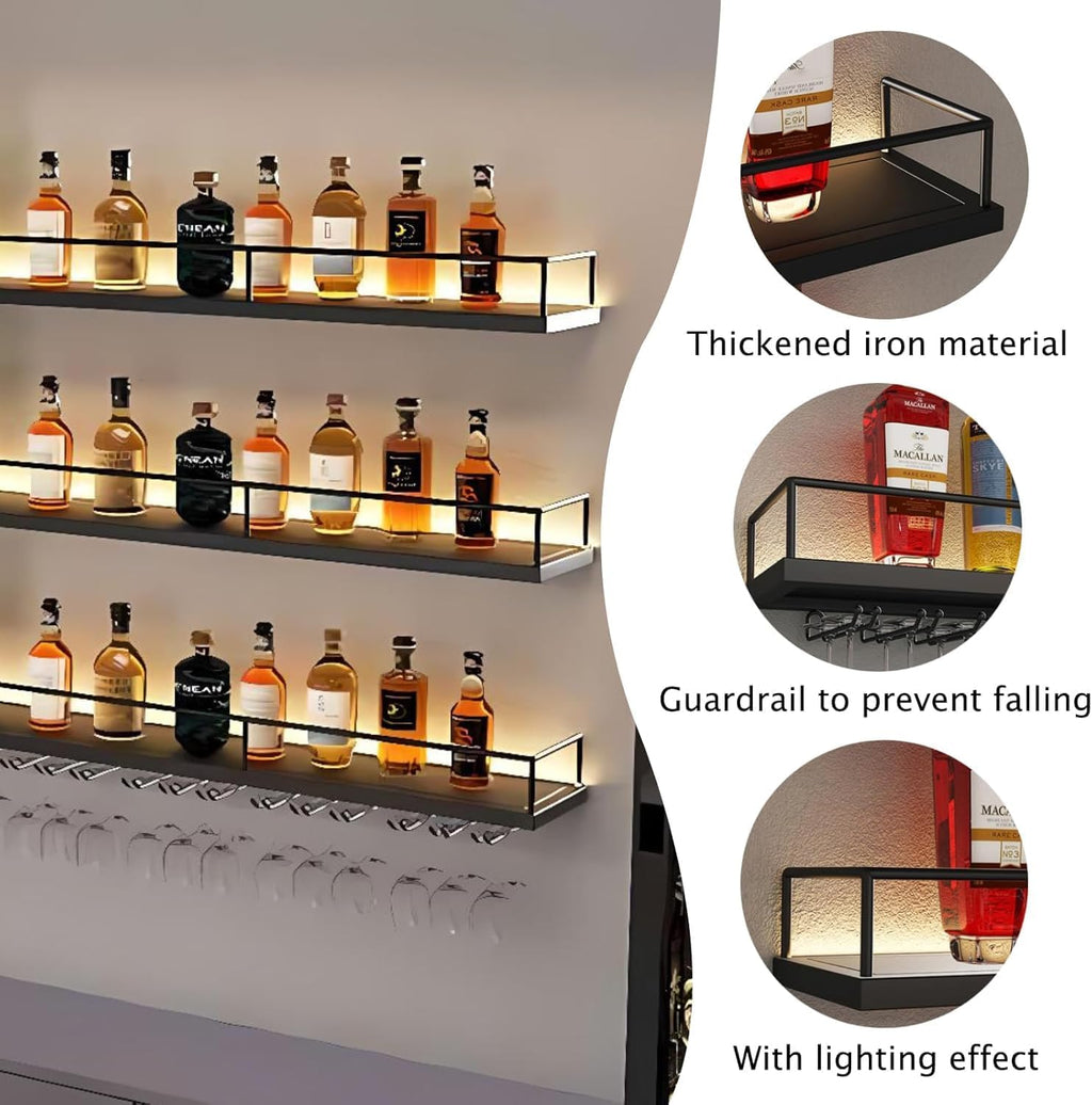 Metal Wall Mounted Wine Rack with LED Light, 3 Tiers Liquor Bottles Floating Shelves with Glass Holder, Wine Shelf Industrial Bar Shelves for Home Bar Dining (Gold, 120cm/47.2in)