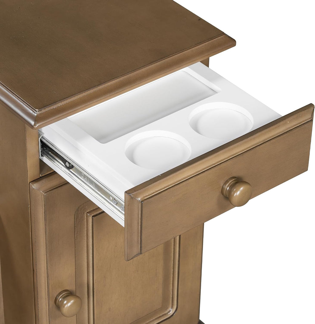 Multifunctional Vintage End Table Flip Top Side Table with USB Ports and 1 Drawer with Cup Holders, Sofa Side Narrow Table Nightstand with Bookshelf for Living Room Bedroom (Brown-5.8)