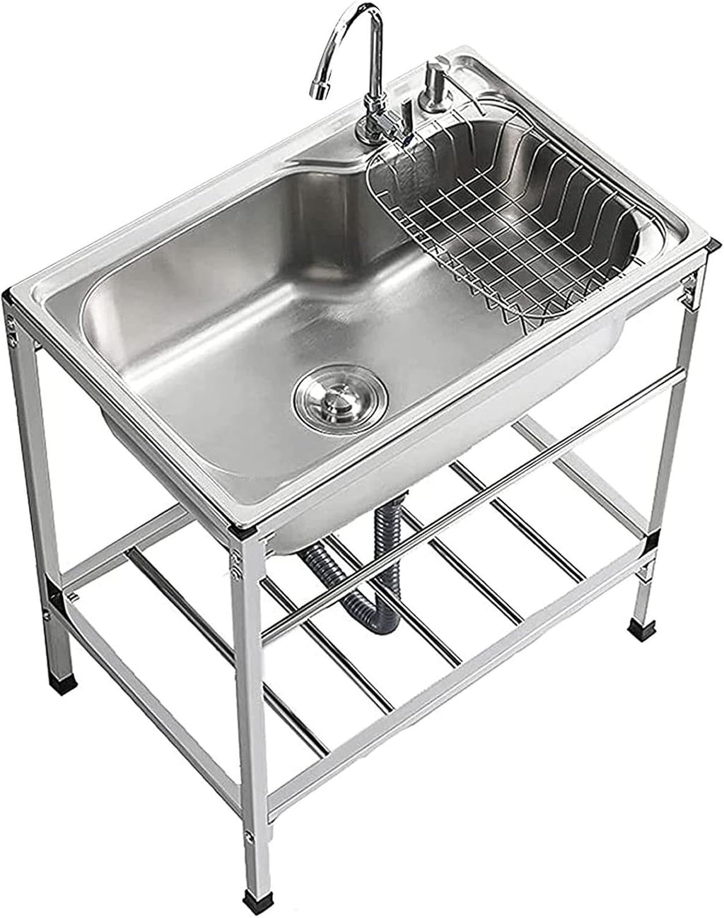 Freestanding Stainless Steel Sink Commercial Restaurant Large Single Bowl Sink Indoor Outdoor Sink for Business Kitchen, Cafe, Bar, Hotel, Garage, Laundry Room