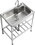 Freestanding Stainless Steel Sink Commercial Restaurant Large Single Bowl Sink Indoor Outdoor Sink for Business Kitchen, Cafe, Bar, Hotel, Garage, Laundry Room