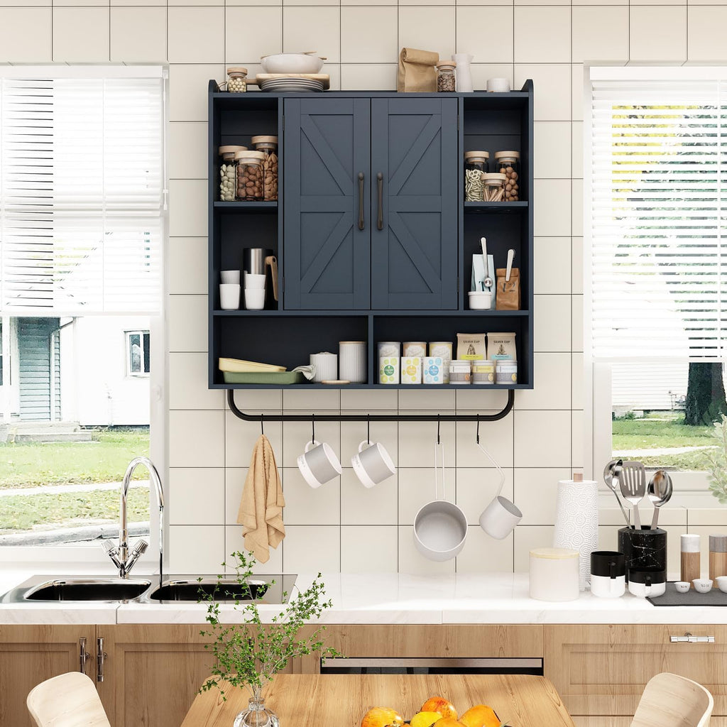 RUSTOWN Rustic Wood Wall Bathroom Cabinet, Farmhouse Medicine Cabinet Wall Mounted, Space Saving Wall Storage Cabinet with 2 Barn Door, 3-Tier Adjustable Shelves and Towel Bar(Navy Blue)
