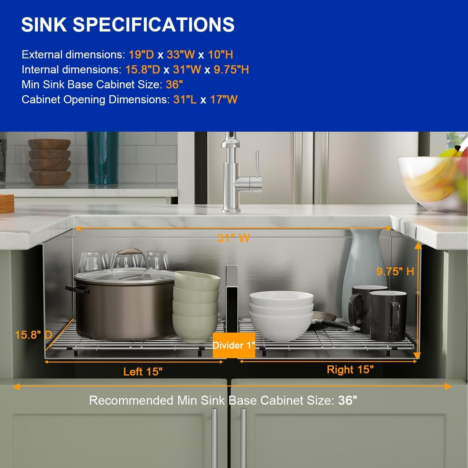 Dcolora 33 In. Double Bowl Kitchen Sink Undermount Sink Workstation Stainless Steel 50/50 Split Low Divided 16 Gauge Under Counter Basin, 33'x19'x10',DC-U-1111