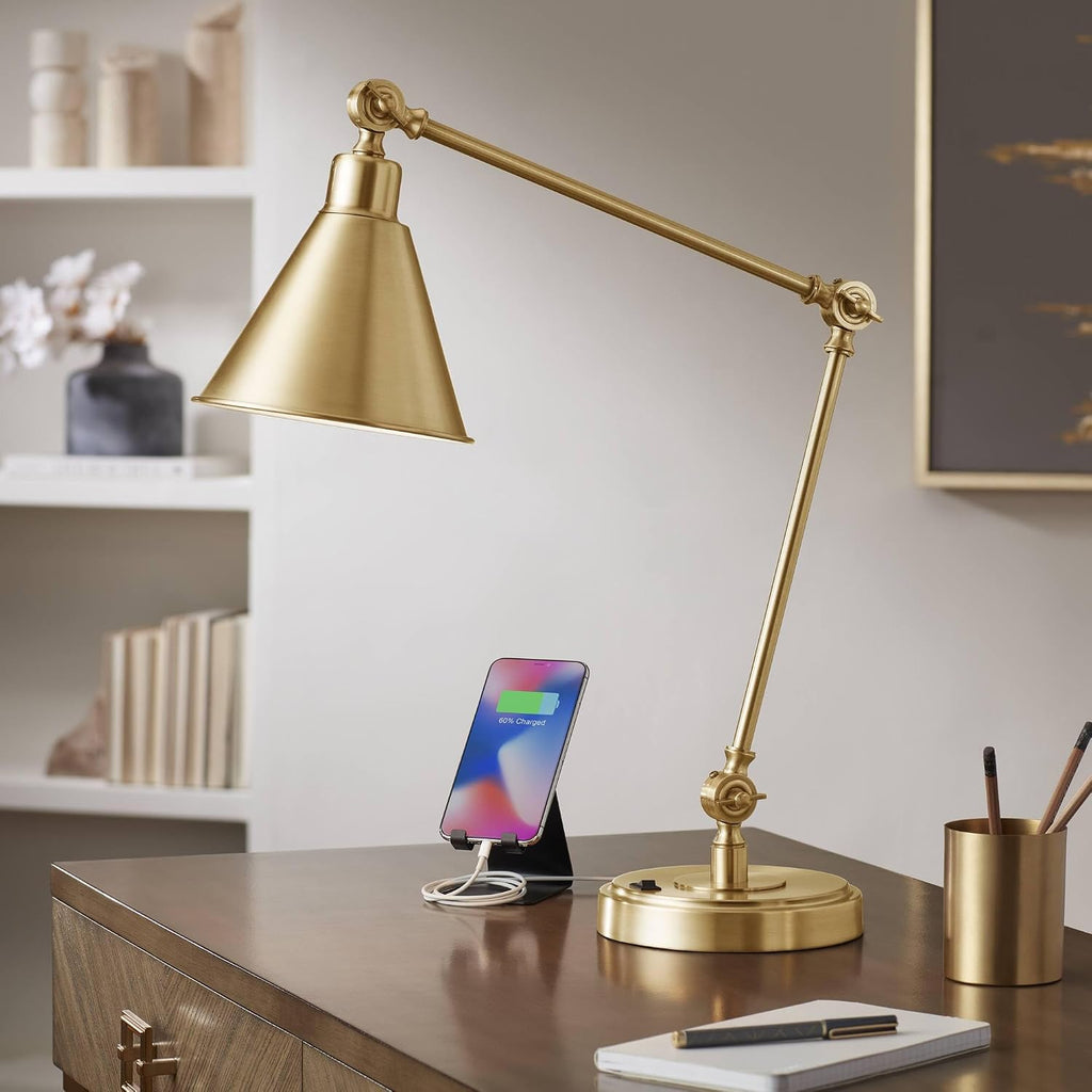 360 Lighting Wray 26 3/4' High Modern Desk Lamp with USB Charging Ports A+C Warm Brass Gold Metal Adjustable Arm Head for Bedroom Living Room House Bedside Home Office Reading Family