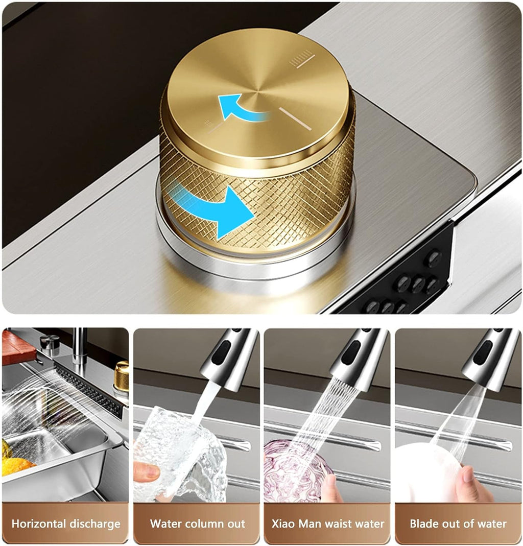 Stainless Steel Kitchen Sink Integrated Waterfall & Pull-Down Faucet Set - Large Bowl Sink with Nano Coating Farmhouse Workstation Sink Kit(