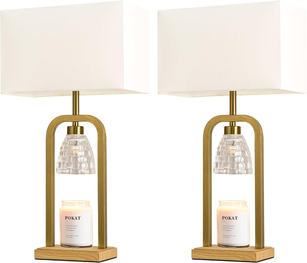 PoKat Electric Candle Warmer Lamps Gold, Lamp Candle Warmers with Timer Dimmer, Wax Light Warming Table Lamps Set of 2 for Jar Candles, Modern Bedside Lamp for Home Decor Living Room, Bulb Included