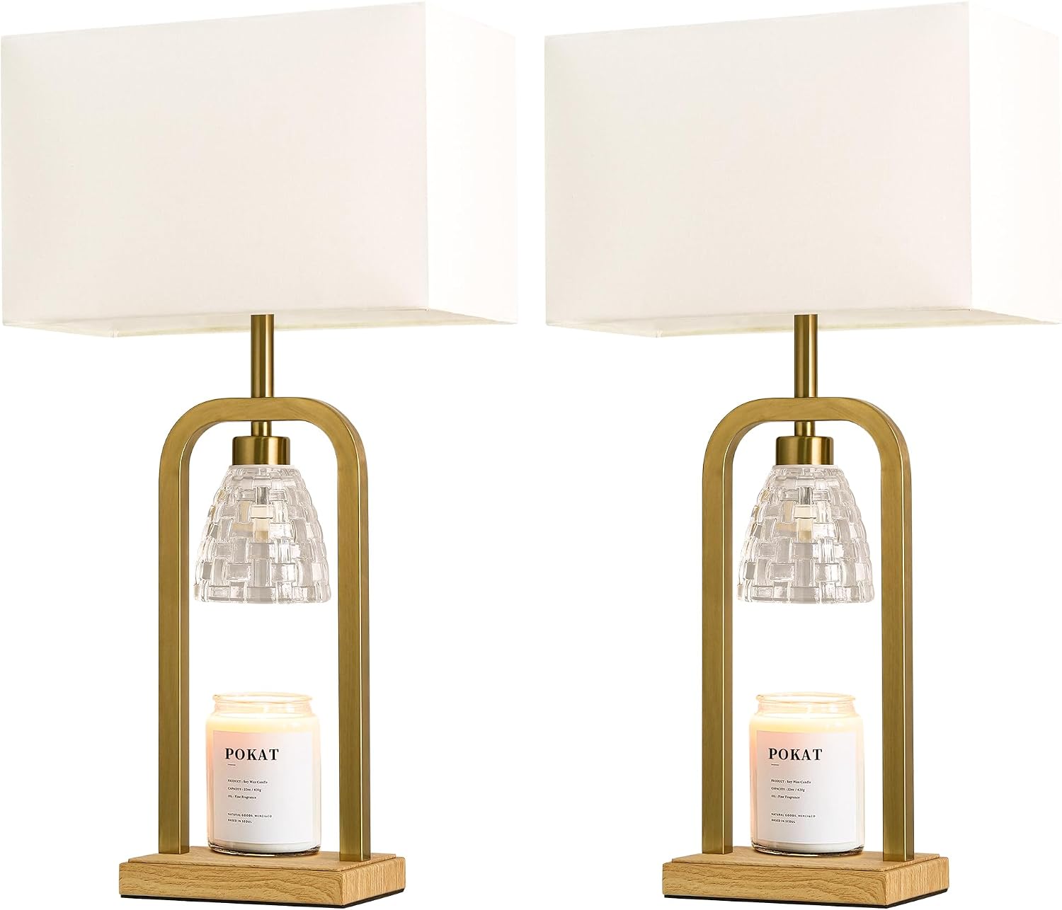 PoKat Electric Candle Warmer Lamps Gold, Lamp Candle Warmers with Timer Dimmer, Wax Light Warming Table Lamps Set of 2 for Jar Candles, Modern Bedside Lamp for Home Decor Living Room, Bulb Included
