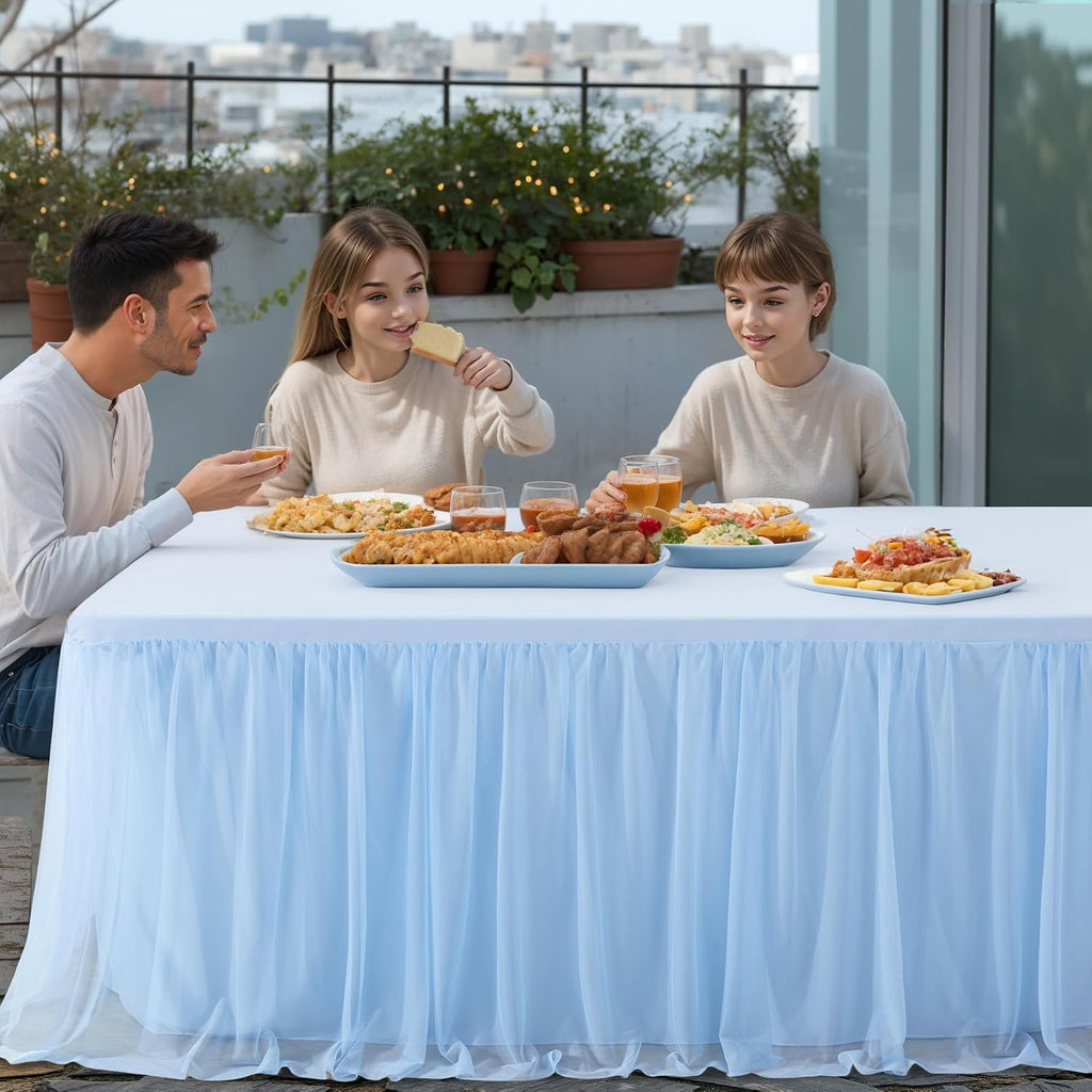 4 Pack Baby Blue Tulle Tablecloth Skirt for 8 Foot Rectangle Tables Baby Shower Tablecloths Blue Ruffle Tutu Table Skirt Stretch Fitted Table Covers for Wedding Birthday Party Banquet Reception